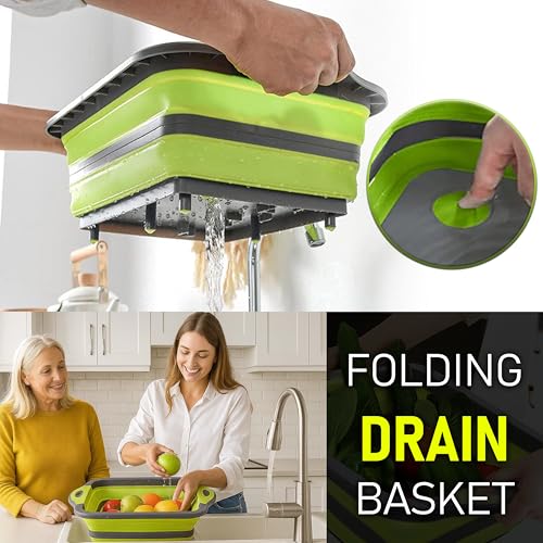 SSKT 3-in-1 Collapsible Cutting Board – Multifunctional Kitchen Sink Tub Basin with Drain, Chopping Board & Washing up Bowl – Space-Saving & Portable for Kitchen, Camping, RV, & Outdoor Use (Green) - color: Green