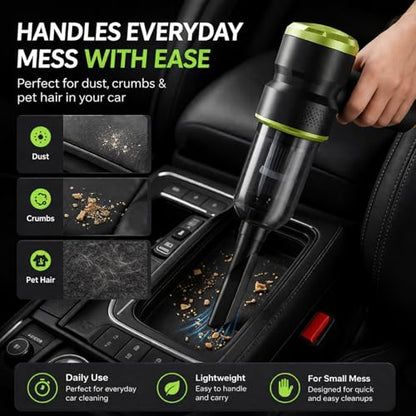 Handheld Car Vacuum Cleaner, 4-in-1 Cordless Rechargeable Mini Vacuum with Air Duster – Quickly Clean Crumbs, Pet Hair & Crevices in Car, Office, Home. Ideal for Commuters & Office Workers (Green)