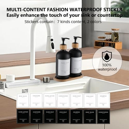 Black Glass Soap Dispenser - Hand Dish Soap Dispenser Set for Kitchen with Sturdy Pump and Tray, 14 Waterproof Labels, Bathroom Refillable Soap Lotion Dispenser-Black - color: Black Bottle + 14 Labels + Funnel + Tray