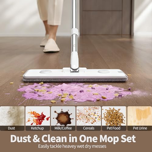 Mop and Bucket Set, Flat Mop and Bucket System, Mop Bucket with Wringer, Wall Mop with Adjustable Handle (Max 61 Inches), 5 Washable Microfiber Mop Pads