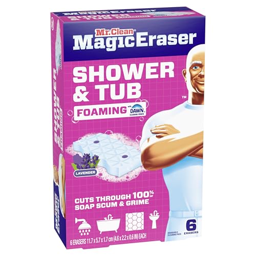 Mr. Clean Magic Eraser Sponge, Bathroom, Shower, Tub Cleaner, Soap Scum Remover, Bathroom Cleaning Supplies, Dawn Cleaning Power with Lavender Scent, Shower & Tub, 6ct - size: 1 Count (Pack of 6), style: Upgraded Version