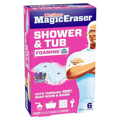 Mr. Clean Magic Eraser Sponge, Bathroom, Shower, Tub Cleaner, Soap Scum Remover, Bathroom Cleaning Supplies, Dawn Cleaning Power with Lavender Scent, Shower & Tub, 6ct - size: 1 Count (Pack of 6), style: Upgraded Version