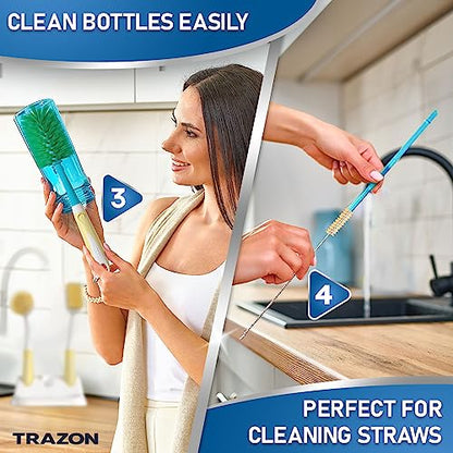 Dish Brush Set of 5 with Holder - Kitchen Scrub Brushes with Non-Slip Long Handle for Cleaning, Scrubber, Dishwashing, Dishes, Bottles, Straws, Cups, Pots & Sink, Baige - color: Baige, Set of 5 With Holder
