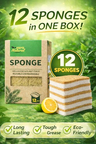 12 Pack Natural Coconut Fiber Dish Sponges, Non Scratch Kitchen Scrub Sponges, Cellulose Cleaning Sponge for Dishes, Pots & Pans, Reusable Organic Kitchen Sponges