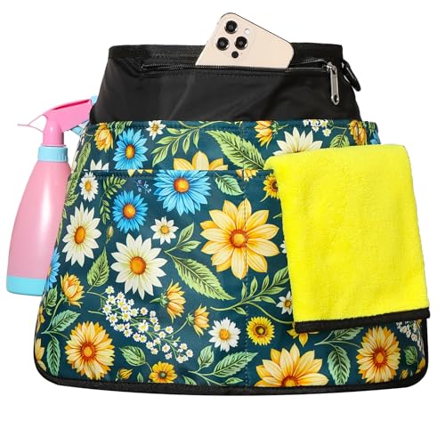 Bafelia Cleaning Apron Caddy for Women with 6 Pockets, Professional Waterproof Cleaning Supplies for Housekeeping - color: Green Flowers