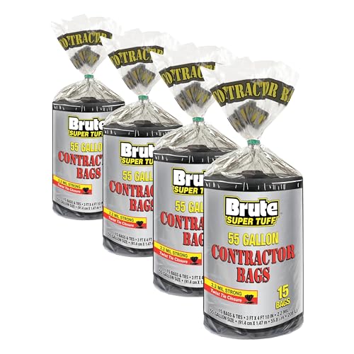Brute Super Tuff Heavy Duty 2.2 MIL Contractor Bags, Extra Large Trash Bags, Twist Tie Closure, Black, 55 Gallon, 15 Count (Pack of 4) - size: 15 Count (Pack of 4), style: Contractor (55 Gallon)