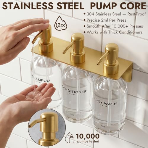 Shampoo and Conditioner Dispenser - Wall Mounted Shower Soap Dispenser - 17oz No-Drill Refillable Plastic Bottles with Stainless Steel Pump for Bathroom - Includes Soap Dish and Hook (Transparent) - color: Transparent