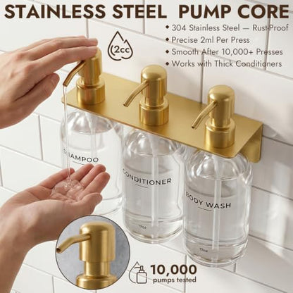 Shampoo and Conditioner Dispenser - Wall Mounted Shower Soap Dispenser - 17oz No-Drill Refillable Plastic Bottles with Stainless Steel Pump for Bathroom - Includes Soap Dish and Hook (Transparent) - color: Transparent