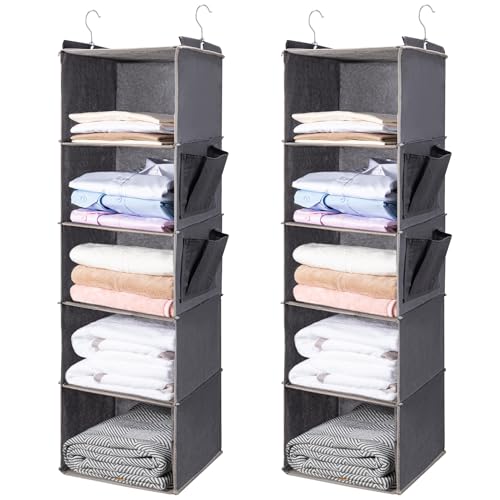 BOOMIBOO Hanging Closet Organize and Shelves，5-Hanging Shelf with 2 Side Pockets，Storage Foldable （2 Pack ，Grey） - color: Grey, size: 2