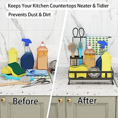 Godboat Kitchen Sink Organizer with Brush Rack - Sink Caddy with Drain-Pan | Stainless Steel Sponge Holder for Kitchen Sink with Towel Rack, Organizer for Dish Soap Dispenser, 10.5"L × 5.9"W × 10.5"H
