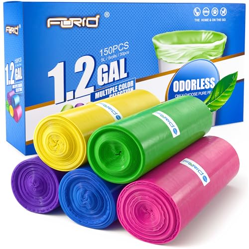 FORID Small Trash Bags 1.2 Gallon Colored - Extra Thick Mini Garbage Bags Unscented,Strong Plastic Wastebasket Liners for Bathroom Bedroom Office and Car,150 Bags Multi Colored - size: 1 Count (Pack of 150), style: 1.2 Gal - 150 Count
