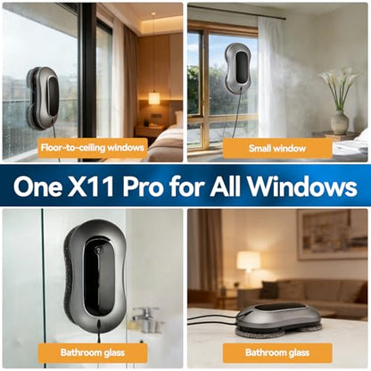 Window Cleaning Robot X11 Pro with Dual-Spray System 70ml Water Tank 3000Pa Strong Suction Auto Edge Detection 2 Cleaning Modes Remote Control for Frameless & Framed Glass