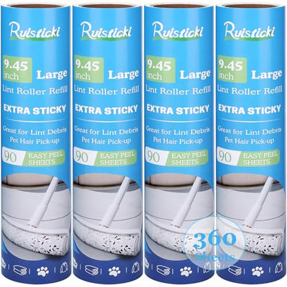 9.45 inch Lint Roller Refills for Large Long Handle Lint Rollers for Carpet 9.45'' Extra Sticky Floor Lint Roller 4 Pack of Refills Only, 90 Sheets per Refill, 360 Sheets Total - size: 9.45 inch