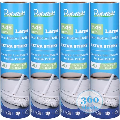 9.45 inch Lint Roller Refills for Large Long Handle Lint Rollers for Carpet 9.45'' Extra Sticky Floor Lint Roller 4 Pack of Refills Only, 90 Sheets per Refill, 360 Sheets Total - size: 9.45 inch