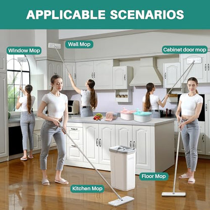 JOYMOOP Flat Mop System, Microfiber Mop and Bucket Set, White, Hands-Free Wet and Dry Floor Cleaning for Household and Commercial Use, Includes 5 Washable Pads - color: White Lite135