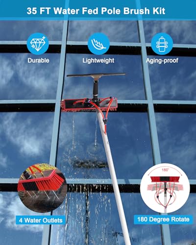 35ft Solar Panel Cleaning Brush & Squeegee, 2 Dusting Brush, Lightweight & Extendable Poles, Water Fed Poles Kit for Roof Window Greenhouse - size: 35ft