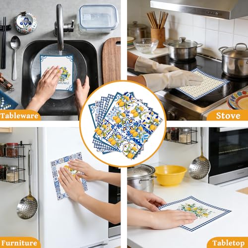 Lemons Swedish Dishcloths for Kitchen, 6 Pcs Reusable Tiles Lemons Sponge Cleaning Cloths, Absorbent Summer Yellow Fruit Dish Cloths Towels Wipes for Cooking Home Decoration Housewarming Gift - style: Tiles Lemons