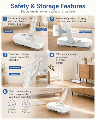 Buways Cordless Electric Mop, Self-Propelled Electric Spin Mop, Gravity Assist Pressure, 8000mAh Battery, LED Light & Water Spray, for Hardwood, Tile & Laminate Floors