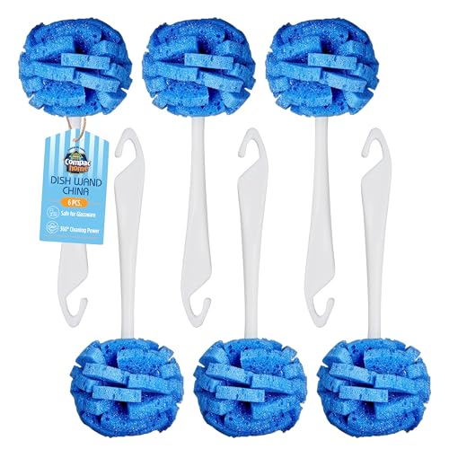 COMPAC HOME Dish Wand Kitchen Sponge | Effectively Clean China Dishes and Glassware | Unique Round Ball Shaped All-Around Cleaning Sponge | Gentle Flexible Brushes for Your Nice Dishes, 6 Count - size: Pack of 6 Short Handle