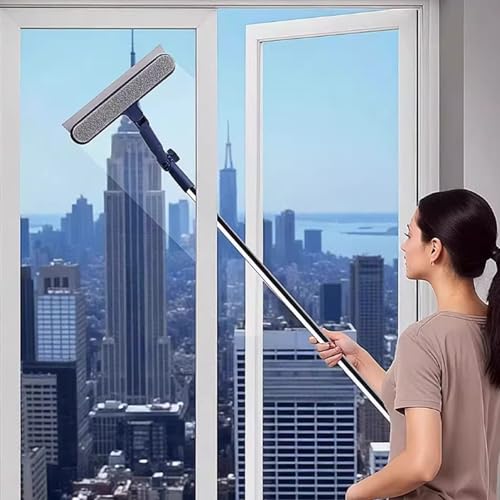 Window Squeegee with Extension Pole, Adjustable Telescopic Window Cleaner Tool with 180° Rotating Head Scrubber and Squeegee for Indoor Outdoor