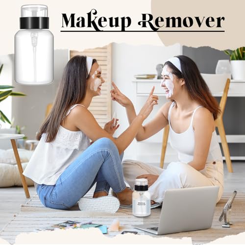 Layhit 3 Pack 6.8 oz (200ml) Push Down Lockable Pump Dispenser Bottle with Stickers, Alcohol Push Down Empty Refillable Container for Nail Polish Remover, Alcohol & Makeup Remover (Black Top Cap) - color: Black Top Cap