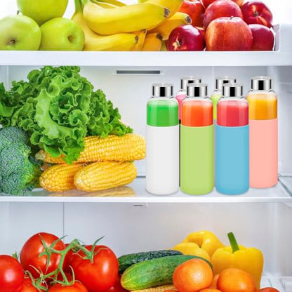 6Pack Glass Juice Bottles, 18 Oz Glass Water Bottles, Reusable Drinking Bottle with Stainless Steel Cap, Silicone Sleeve 1 Brush, Clear Water Bottle for Juice Beverages, BPA Free & Leak Proof