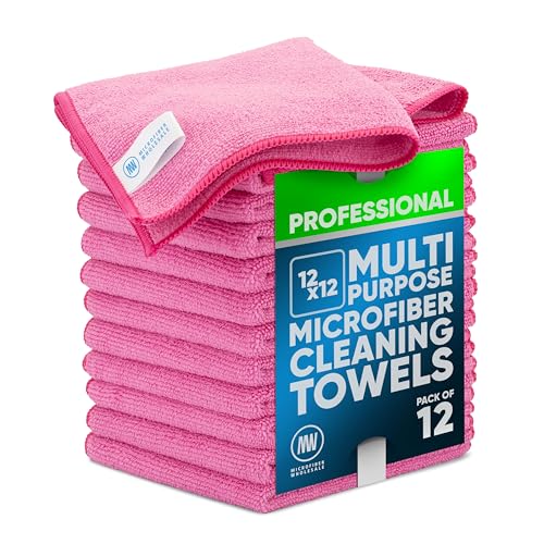MW PRO Microfiber Cleaning Cloths Pink (12 Pack, 12x12) - Commercial Janitorial Towels & Lint Free Rags - Heavy Duty for Auto Detailing, Glass Windows, Housekeeping & Screens - Washable 300+ Times - color: Pink, size: 12 Count (Pack of 1)