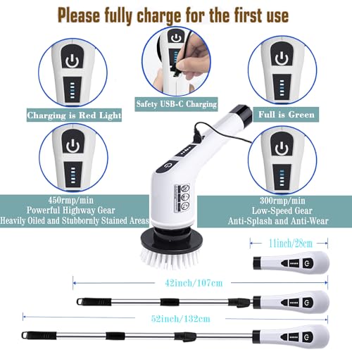 Electric Spin Scrubber,Cordless Cleaning Brush 9-in-1Replaceable Brush Head,2 Rotat Speed,Shower Scrubber with Adjustable Detachable Exten Handle,2025 New Power Cleaning Brush for Kitchen,Bathroom