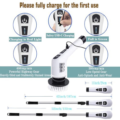 Electric Spin Scrubber,Cordless Cleaning Brush 9-in-1Replaceable Brush Head,2 Rotat Speed,Shower Scrubber with Adjustable Detachable Exten Handle,2025 New Power Cleaning Brush for Kitchen,Bathroom