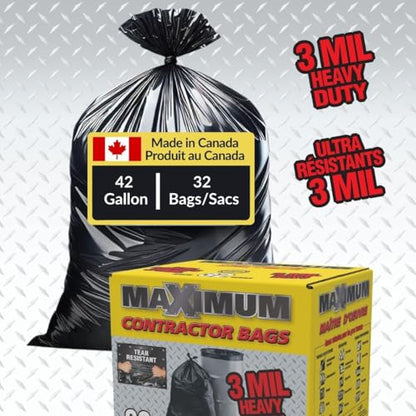 Maximum Heavy Duty Garbage Bags, 42-Gallon, 3 Mil, Black Garbage Bags Extra Large, Tear Resistant, Industrial Strength, 32 Counts - color: Black
