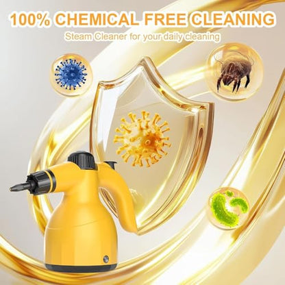 Handheld Steam Cleaner: Multi-Surface Steamer with 10 PCS Accessories Pressurized Natural Steam Cleaner for Home Cleaning Dirt, Grease, Grout, Tile, Floor, Couch and Car-Yellow