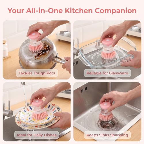 2 Pack Dish Brush with Soap Dispenser for Dishes Pot Pan Kitchen Sink Scrubbing Easy to Clean Kitchen Utensils,Pink - color: Pink