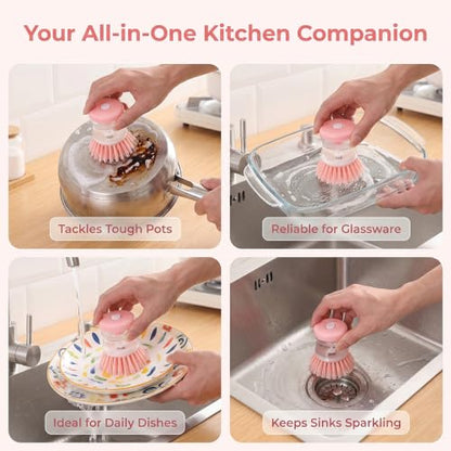 2 Pack Dish Brush with Soap Dispenser for Dishes Pot Pan Kitchen Sink Scrubbing Easy to Clean Kitchen Utensils,Pink - color: Pink