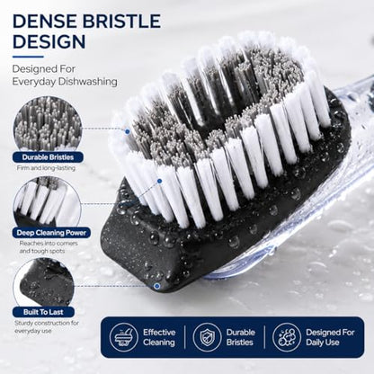 Soap Dispensing Dish Brush with Built-in Scraper, Black, for Dishes, Pots, Pans, Plates, Cookware, and Countertops