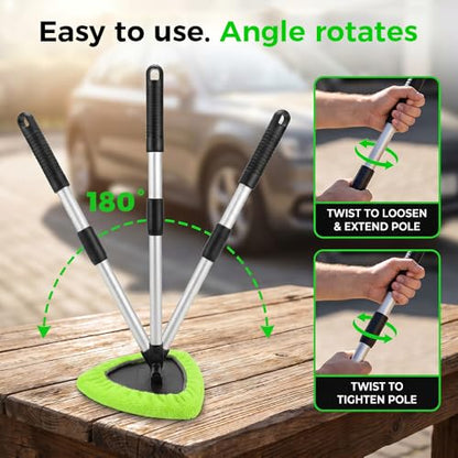 Car Windshield Cleaning Tool, Microfiber Wand Window Cleaner Kit for Auto Glass, 2026 Upgraded Car Window Cleaner with Reusable Washable Pads, Interior Exterior Glass Scrubbing Wand (Green - Square) - color: Green - Square