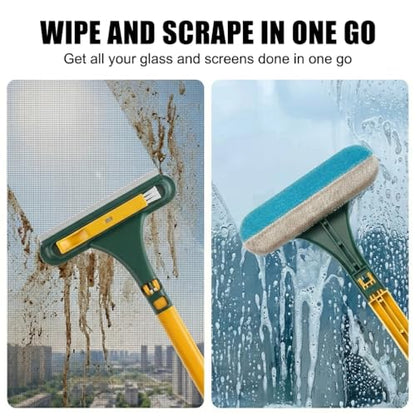 3 in 1 Window Squeegee for Home, 2-Way Brush Window Cleaning Tool with TPR Soft Rubber Squeegee for Cleaning Screens, Glass & Window Tracks