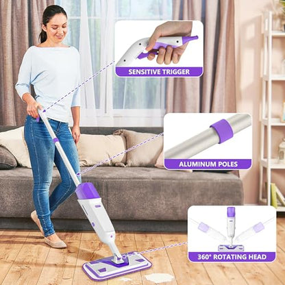 Double Bottle Spray Mop Series - Enspoway Dust Floor Mop with Washable Pads x3 for Wet Dry Home Bathroom Office Commercial for Hardwood Laminate Wood Marble Tiles Ceramic Floor Cleaning