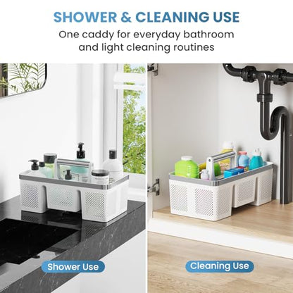 BYUNER 2Pack Plastic Shower Caddy: Portable Shower & Bathroom Caddy Tote with Handle, 4 Divided Compartments, Hard Plastic Shower Basket with All-Side Drainage for College Dorm Room Essentials - color: 2pc White/Silver