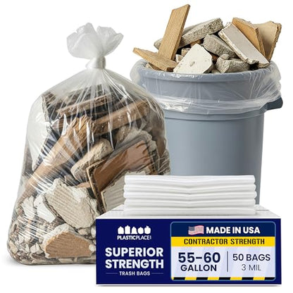 Plasticplace Contractor Trash Bags 55-60 Gallon, Heavy Duty Garbage Bags, 3.0 Mil Clear Trash Bags, Tear-Resistant Large Trash Can Liners for Construction, Recycling & Home Improvement (50 Count) - size: 50 Count (Pack of 1)