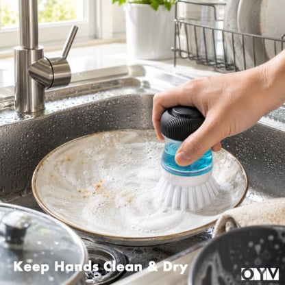 OYV Soap Dispensing Palm Brush, Dish Brush Set with Silicone Drip Tray and One Refill, Kitchen Dish Scrub Brush for Cleaning Pots, Pans, Sinks - color: White/Clear/Black