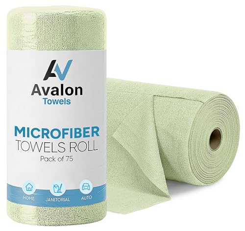 Avalon Towels Microfiber Cleaning Cloth Roll (Value Pack of 75) - Size 12x12 Inches, Highly Absorbent and Reusable Microfiber Towel Rolls, Lint and Streak Free Cleaning Cloths for Home - color: Green