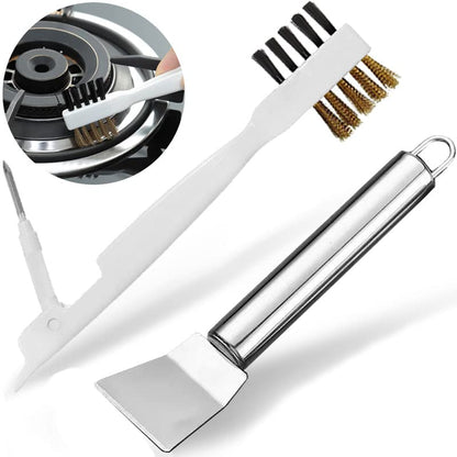 Kitchen Stove Cleaning Brush + Scraper Tool Set, Brass Wire Brushes for Range Hood Grease Grime, Rust Cleaner Heavy Duty Stainless Steel Putty Scraper for Gas Burners Cooktop Pot Pan - color: Stove Brush + Stainless Steel Scraper