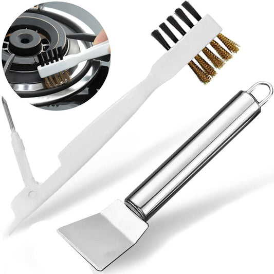 Kitchen Stove Cleaning Brush + Scraper Tool Set, Brass Wire Brushes for Range Hood Grease Grime, Rust Cleaner Heavy Duty Stainless Steel Putty Scraper for Gas Burners Cooktop Pot Pan - color: Stove Brush + Stainless Steel Scraper
