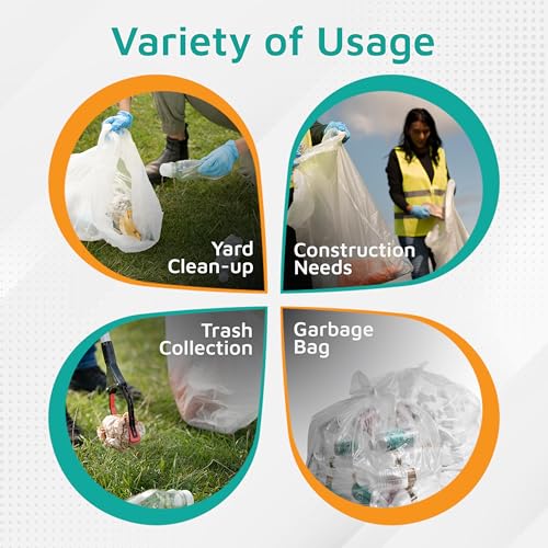 PlasticMill Contractor Bags Heavy Duty - Commercial, Industrial Garbage Bags - Clear Construction Trash Bags - Outdoor, Garden Trash Bags, 64-Gallon, 3 Mil, 50"x60" (30-Count)