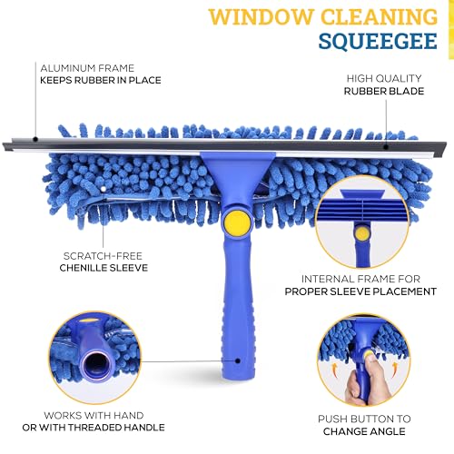 Kleen Handler 2-in-1 Window Squeegee with 4–12 ft Telescopic Extension Pole, Window Washing Kit for Home & Commercial Glass Doors, High Windows, 2 Sleeves Included