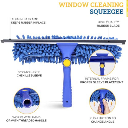 Kleen Handler 2-in-1 Window Squeegee with 4–12 ft Telescopic Extension Pole, Window Washing Kit for Home & Commercial Glass Doors, High Windows, 2 Sleeves Included