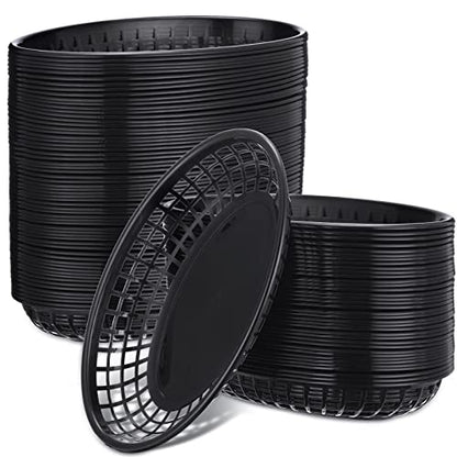 Potchen 100 Pcs Fast Food Baskets 8.9 x 5.5 Inch Plastic Baskets for Food Black Chip Tray Reusable Bread Fry Oval Serving Tray for Restaurant Supplies Hot Dog Deli Serving Chicken