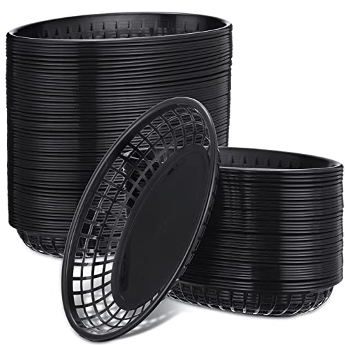 Potchen 100 Pcs Fast Food Baskets 8.9 x 5.5 Inch Plastic Baskets for Food Black Chip Tray Reusable Bread Fry Oval Serving Tray for Restaurant Supplies Hot Dog Deli Serving Chicken