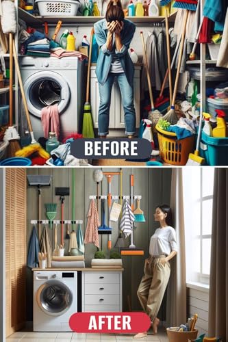 The Good Stuff Compact Mop and Broom Holder Wall Mount – Stainless Steel Organizer with 3 Racks and 2 Hooks – Rust-Resistant, Space-Saving Tool Hanger for Closet, Kitchen, Garage, or RV - size: Compact