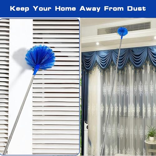 Cobweb Duster with Extension Pole, 30-100 Inch Long Handle Stainless Steel Telescoping Pole, Washable Duster with Medium-Stiff Bristles for Ceiling Fan, High Ceilings, Blinds, Furniture, Kitchen, Home